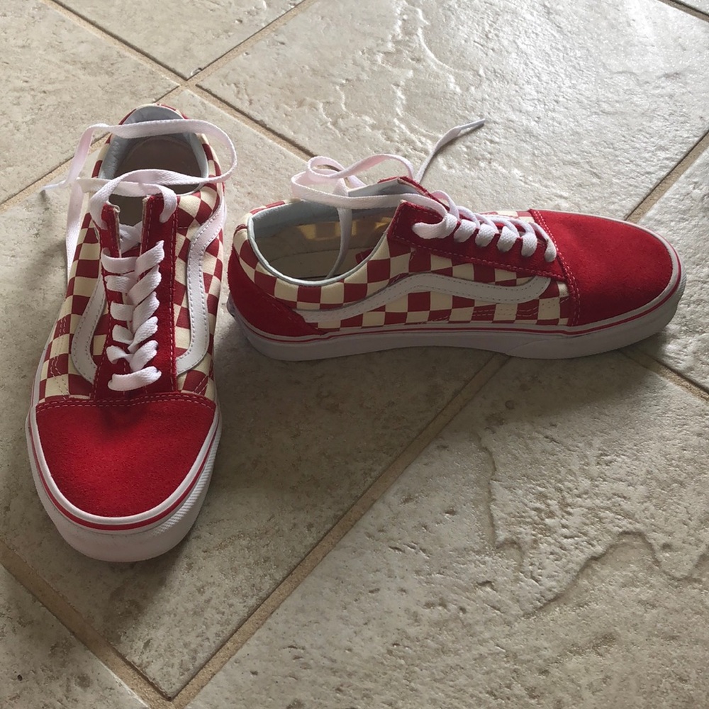 Red lace up checkered vans